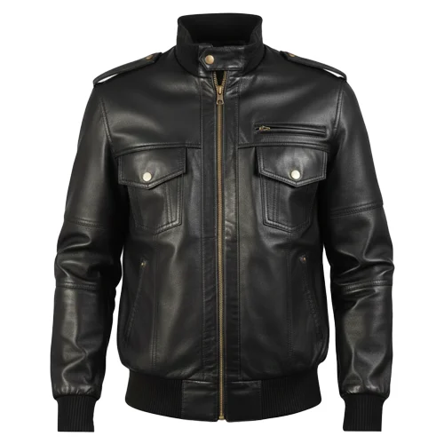 Mens Leather Bomber Jacket High Neck Quilted Design