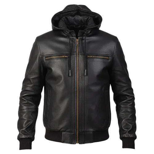 Mens Leather Bomber Jacket – Band Collar with Quilted Lining