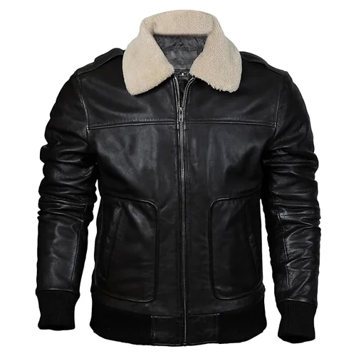 Mens Leather Bomber Jacket With Removable Sherpa Collar