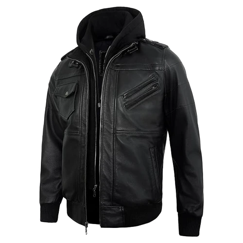 Mens Leather Bomber Jacket With Detachable Hood
