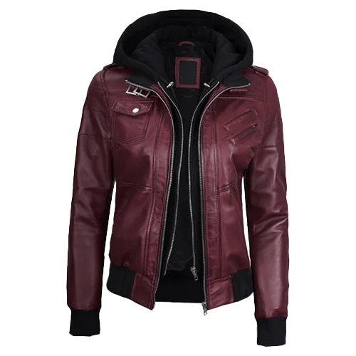 Premium Womens Leather Jacket Hooded Casual Style