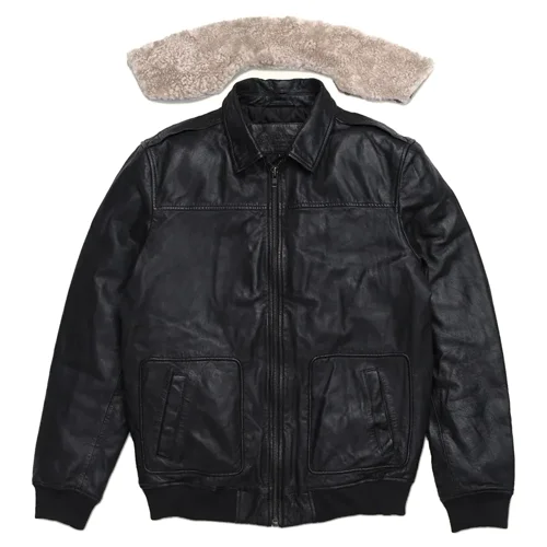 Distressed Black Front with Fur mens leather bomber jacket