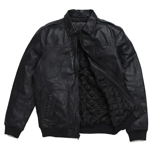 Distressed Black Front mens leather bomber jacket