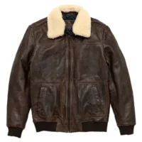 Distressed Brown Front with Fur mens leather bomber jacket