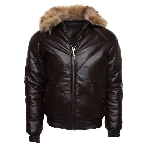 Mens Leather Bomber Jacket With Puffer Design