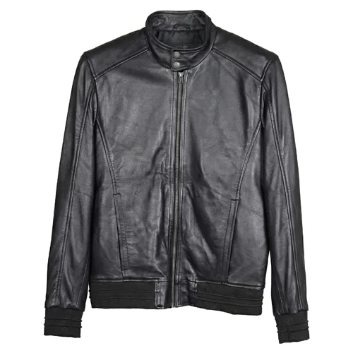 Mens Leather Bomber Jacket With Stand-Up Collar