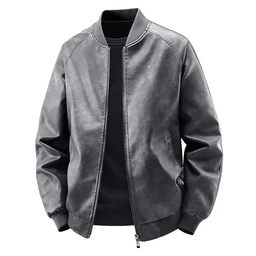 Gray mens leather bomber jacket