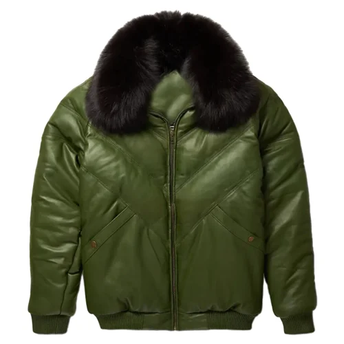 Mens Leather Bomber Jacket With V-Neck Design