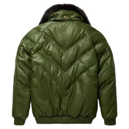 Mens Leather Bomber Jacket With V-Neck Design