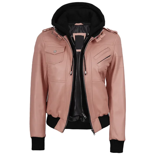 Premium Womens Leather Jacket Bomber Style Hooded Jacket