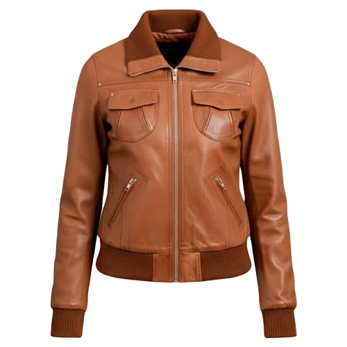 Womens Leather Bomber Jacket Classic Premium Style