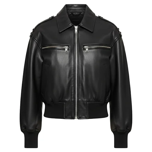 Womens Leather Bomber Jacket Faux Leather Ovoid Sleeve